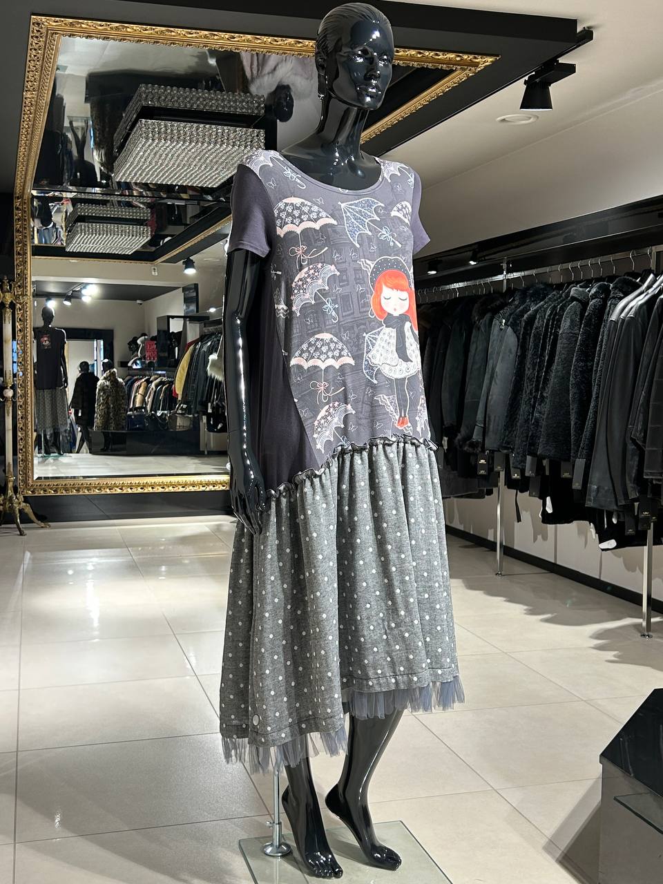 Grey dress with red-haired girl and umbrella pattern